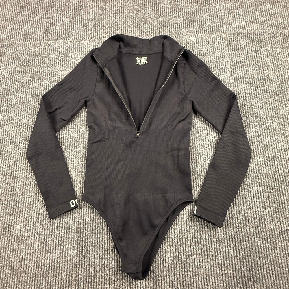 OQQ Womens Ribbed Long Sleeve Quarter Zip Bodysuit Mock Neck Black Size M